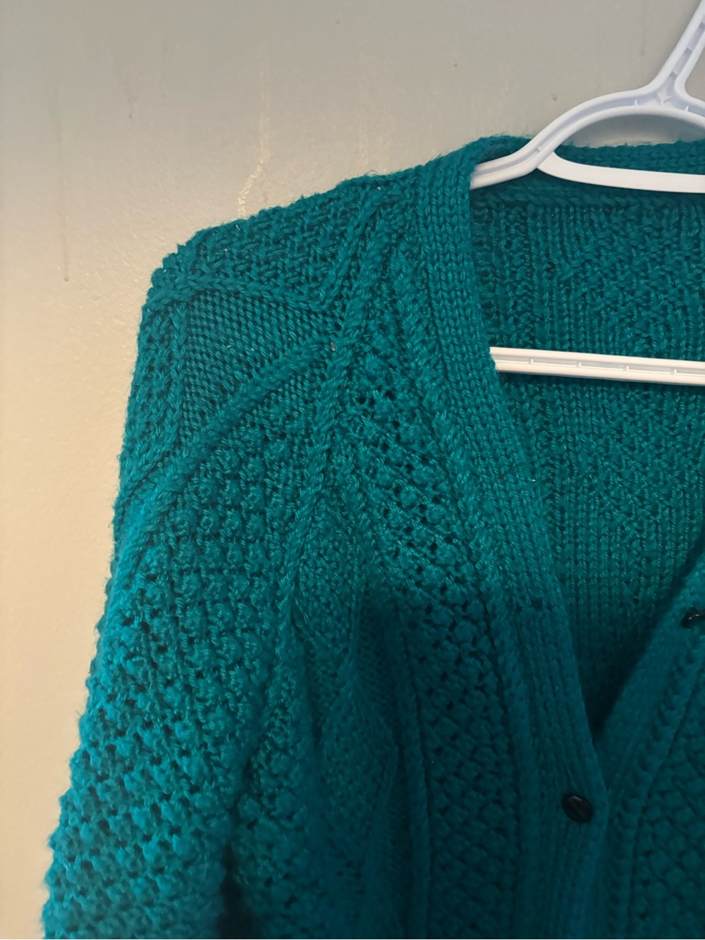 Vintage Handmade Chunky Fisherman Cottagecore Boho Knit Teal Cardigan Large - Picture 3 of 5